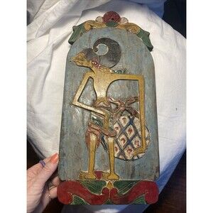 Vintage 1930-40 Wayang Puppet on Blawong Wood Board Indonesian Hand Painted Art